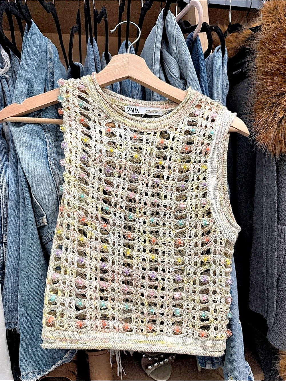 ZARA Beaded Crochet Crop Top Multicolor Tank Top